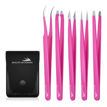 PROFESSIONAL STAINLESS STEEL 5-PIECE PRECISION TWEEZERS FOR MEN & WOMEN (PINK)