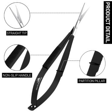 Spring Scissors straight Stainless Steel Precision Eyebrow & Eyelash Shaping & Trimming Scissor, Snips Squeeze Scissors, Embroidery, Knitting Micro Tip Craft Scissors (Black)