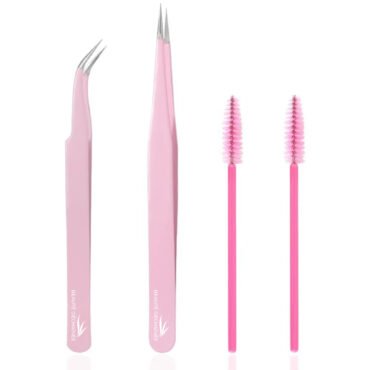 Set of 2 Eyelash Tweezers and 2 Eyelash Brush (Pink)